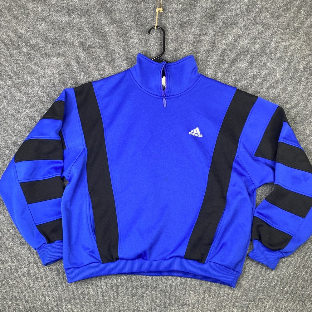 Vintage Adidas Mens Quarter Zip Pullover Sweatshirt Blue Black Colorblock Size M